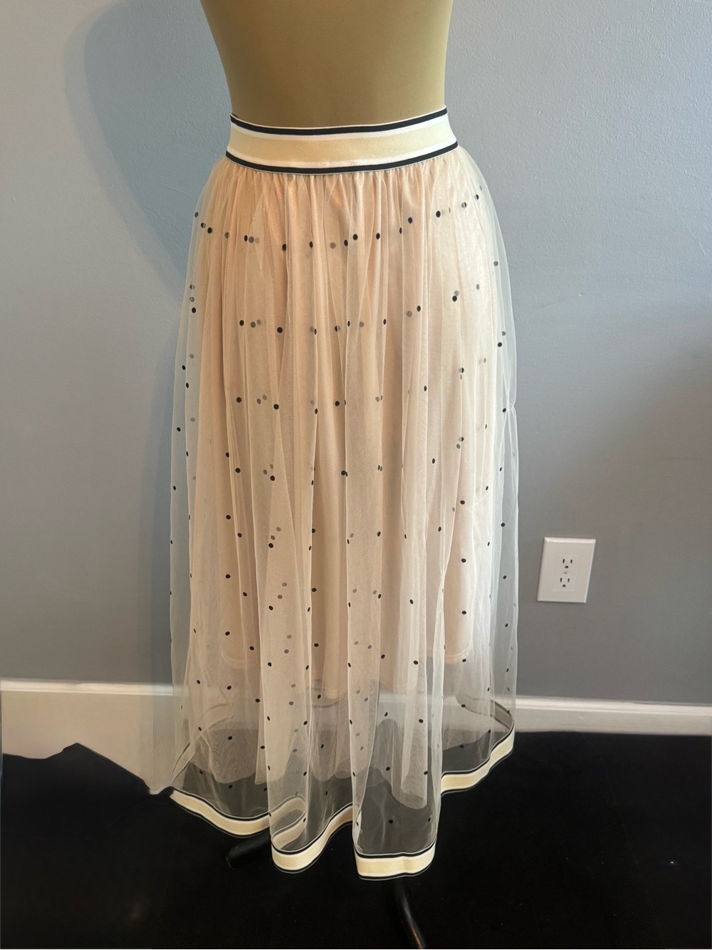 Main Strip Ivory Tulle Maxi Skirt with Black Dot Accents and Striped Waistband